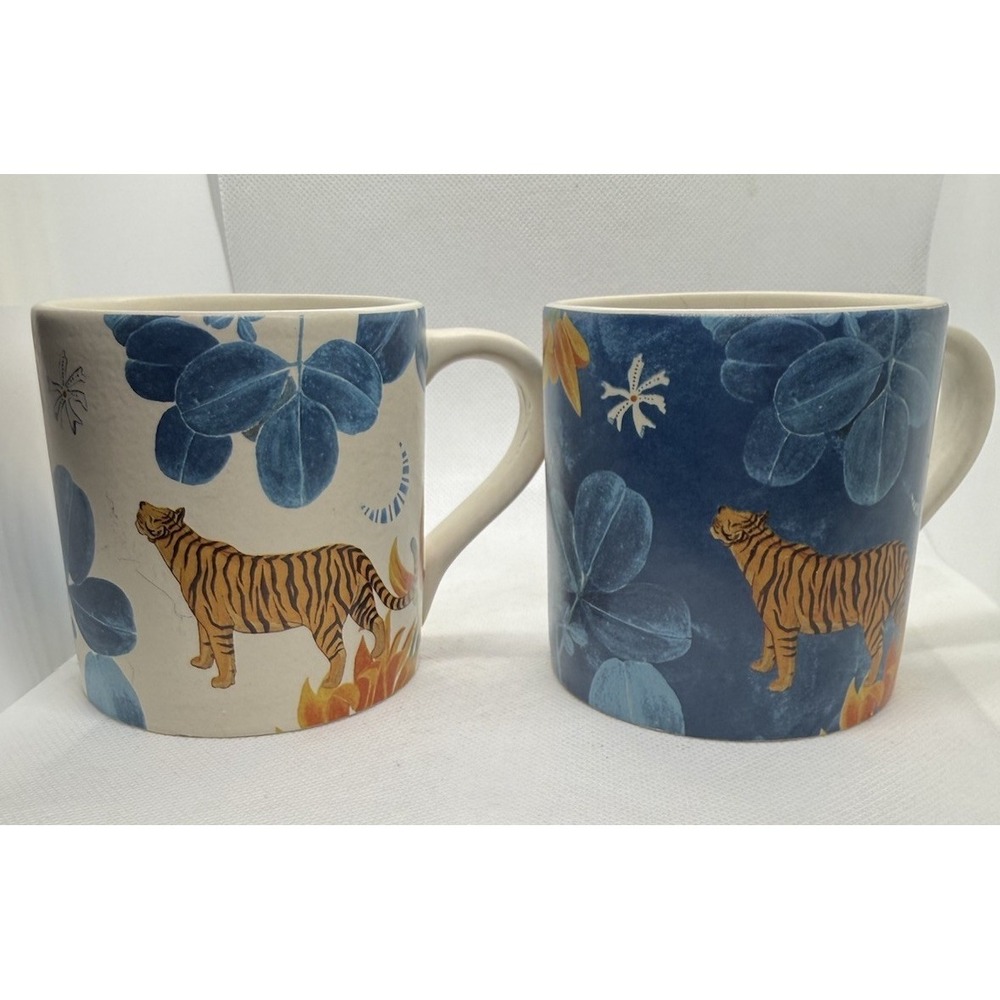 2 Nicobar Global Nadi Straight Mugs Stoneware Oatmeal With Tigers‎ Hand Painted